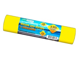 Мешки для мусора 120 л, с завязками, желтые, в рулоне 10 шт., ПНД, 15 мкм, 800х750 мм, VIP, Z12010yel во Владикавказе